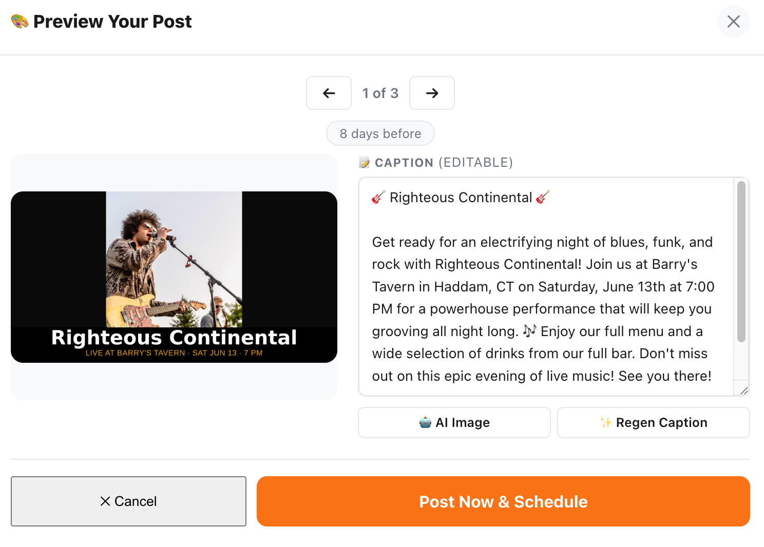 Post preview with caption and event flyer for a live music night