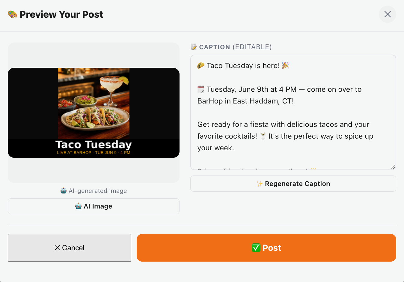 Post preview with caption and event flyer for a Taco Tuesday house event