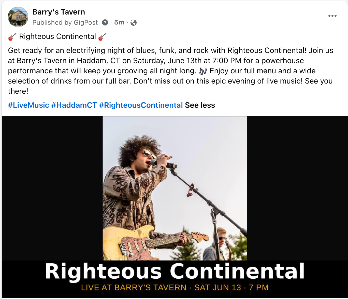 Live Facebook post for Righteous Continental, published by GigPost
