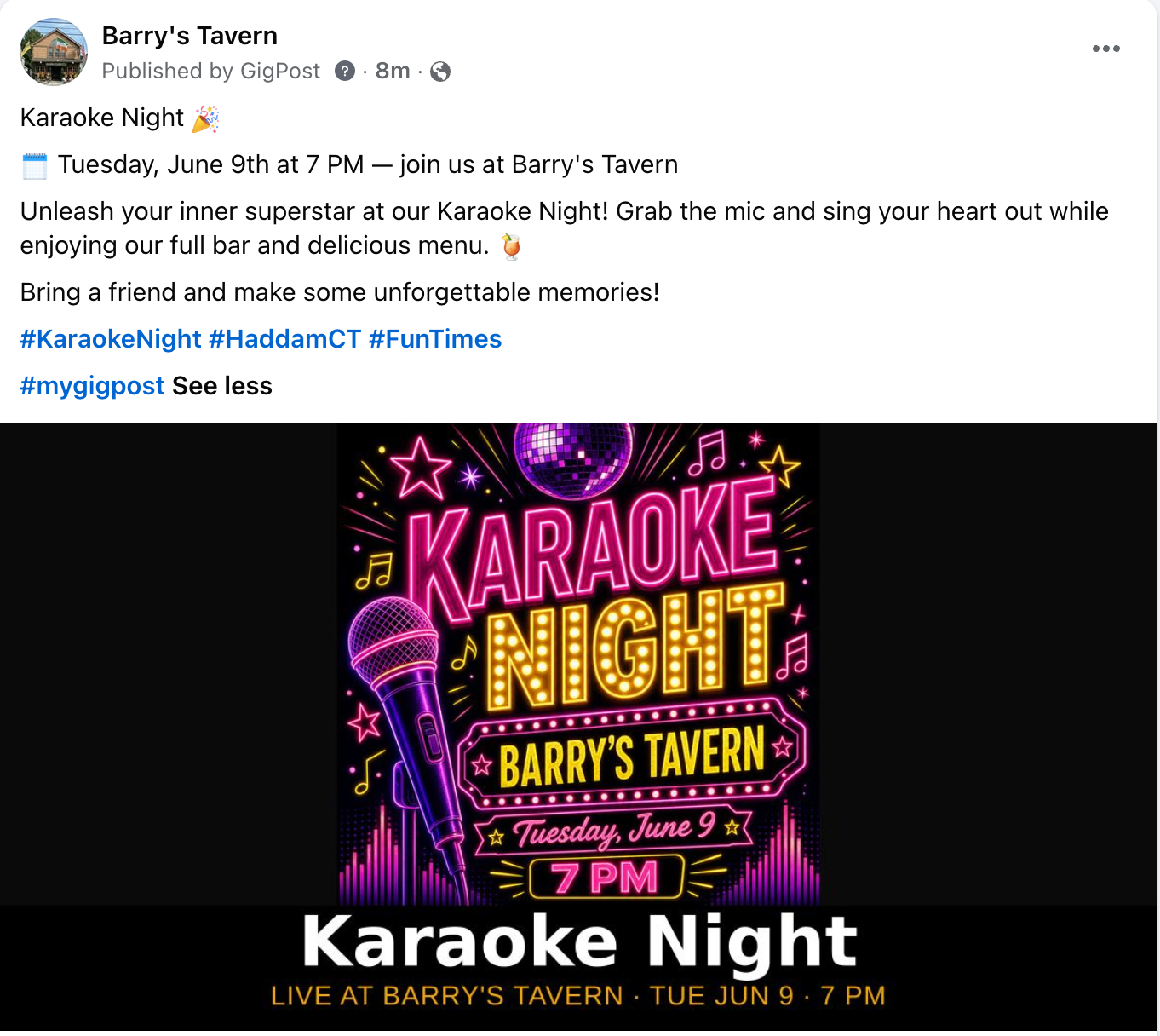 Live Facebook post for Karaoke Night, published by GigPost
