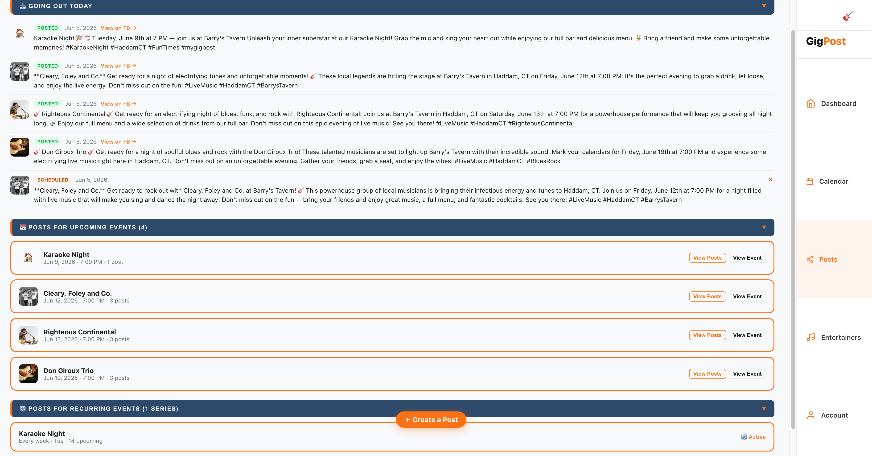 Posts dashboard showing scheduled and published posts