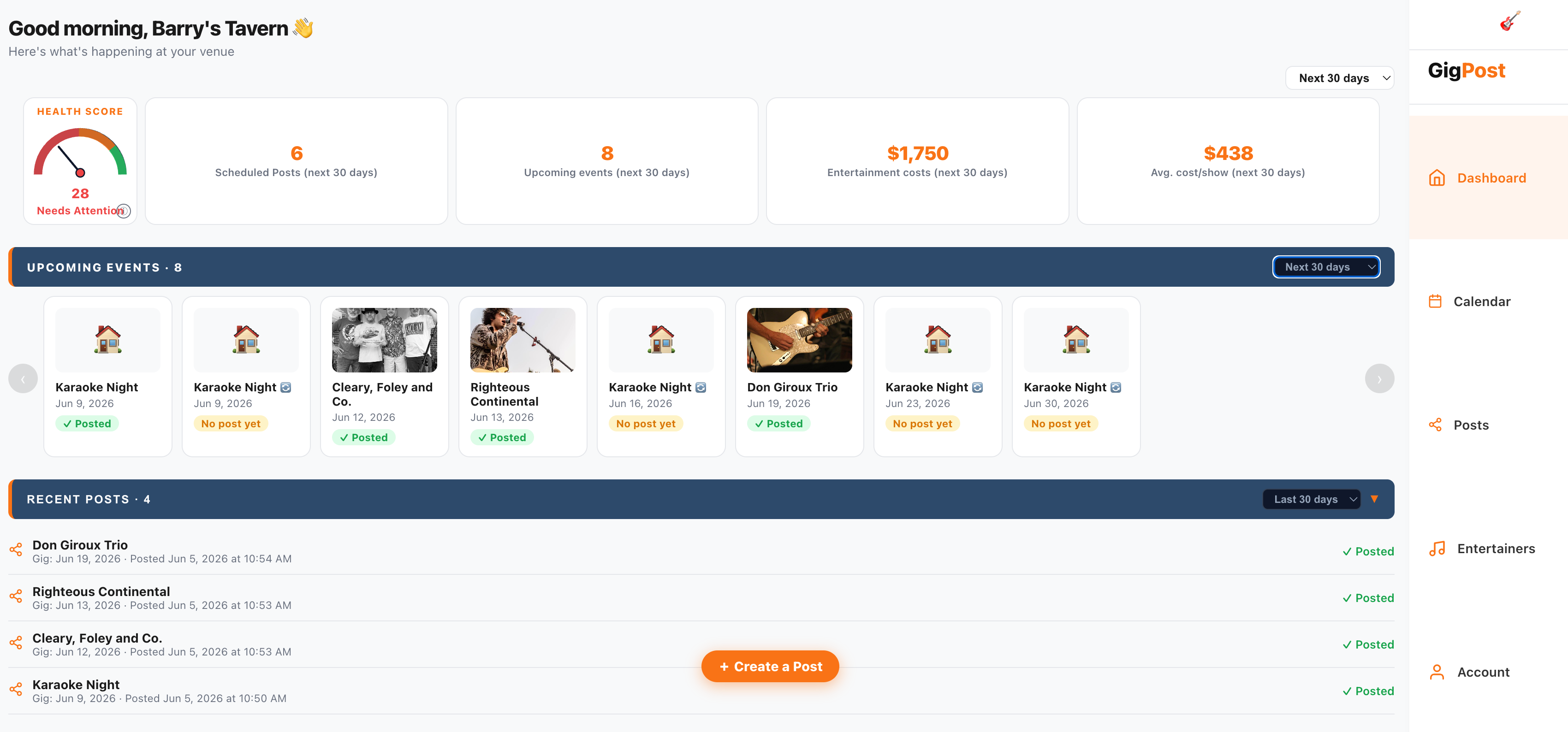 GigPost main dashboard showing health score, scheduled posts, upcoming events, and entertainment spend