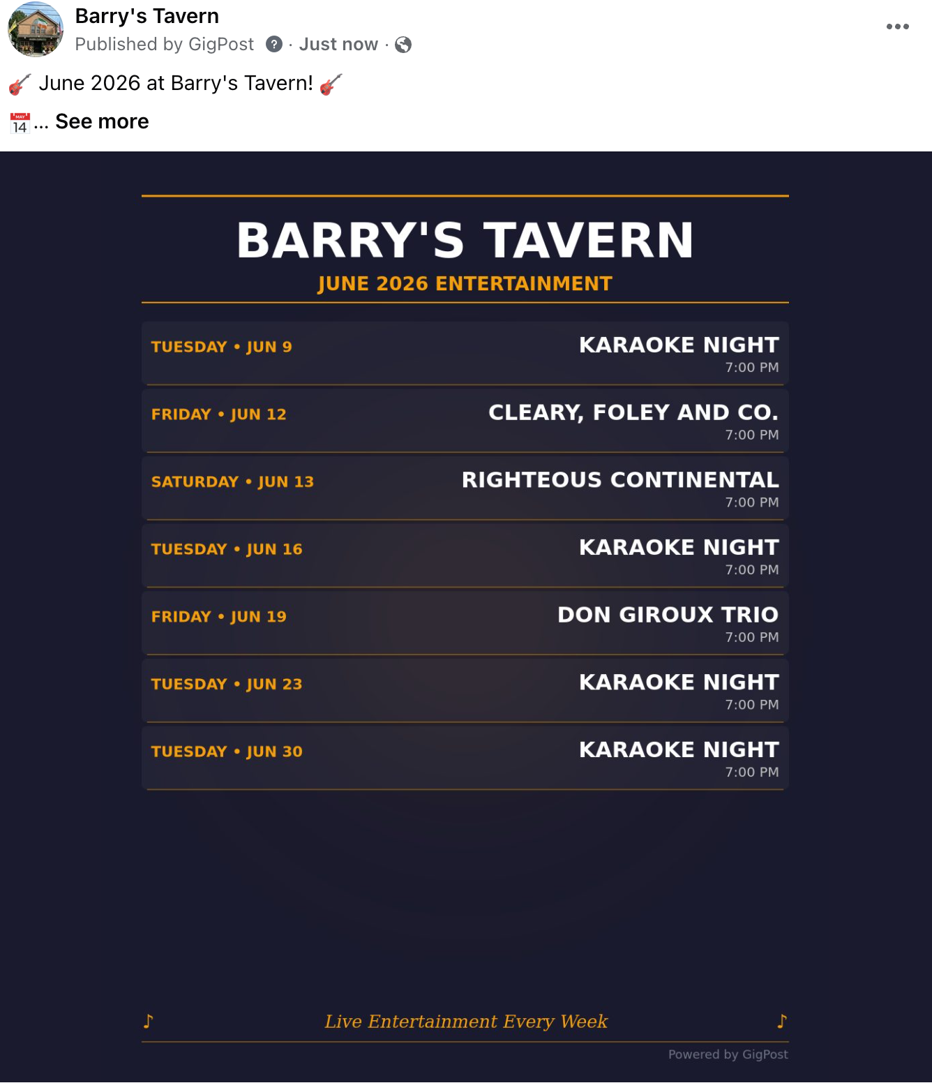 Monthly lineup post published to Facebook by GigPost